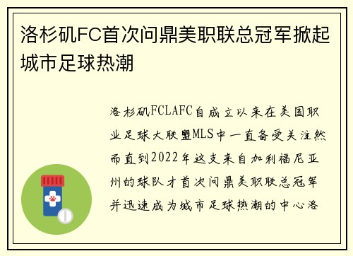 洛杉矶FC首次问鼎美职联总冠军掀起城市足球热潮 洛杉矶FC首次问鼎美职联总冠军掀起城市足球热潮