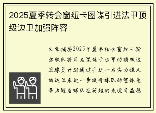 2025夏季转会窗纽卡图谋引进法甲顶级边卫加强阵容